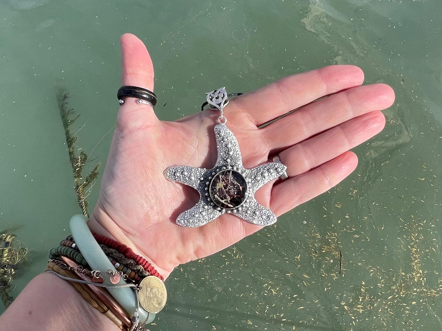 Starfish necklace incorporating real seaweed. Seaweed jewellery, starfish pendant, handmade necklace, boho jewellery. Starfish gifts.