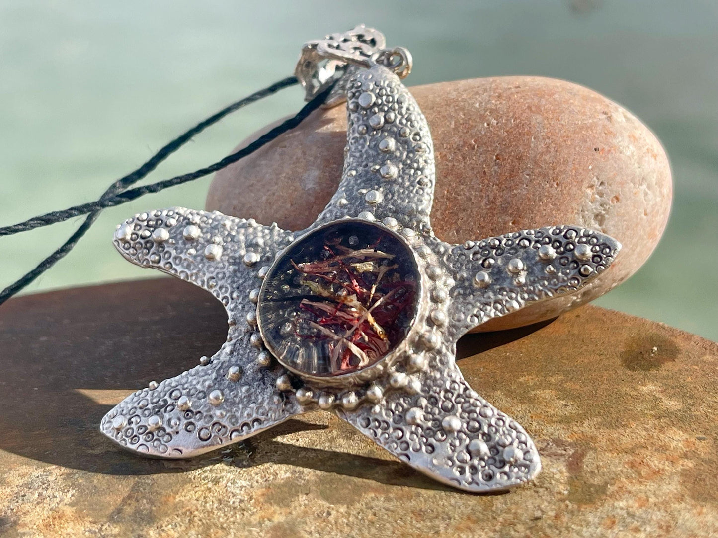 Starfish necklace incorporating real seaweed. Seaweed jewellery, starfish pendant, handmade necklace, boho jewellery. Starfish gifts.