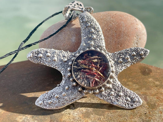 Starfish necklace incorporating real seaweed. Seaweed jewellery, starfish pendant, handmade necklace, boho jewellery. Starfish gifts.