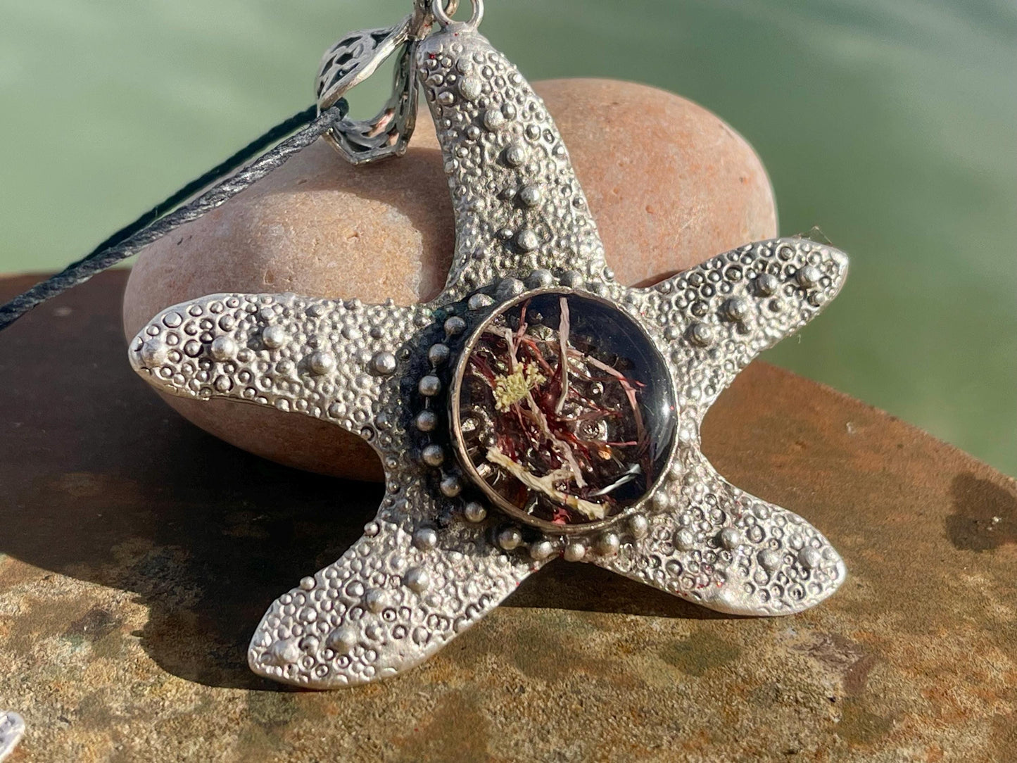 Starfish necklace incorporating real seaweed. Seaweed jewellery, starfish pendant, handmade necklace, boho jewellery. Starfish gifts.