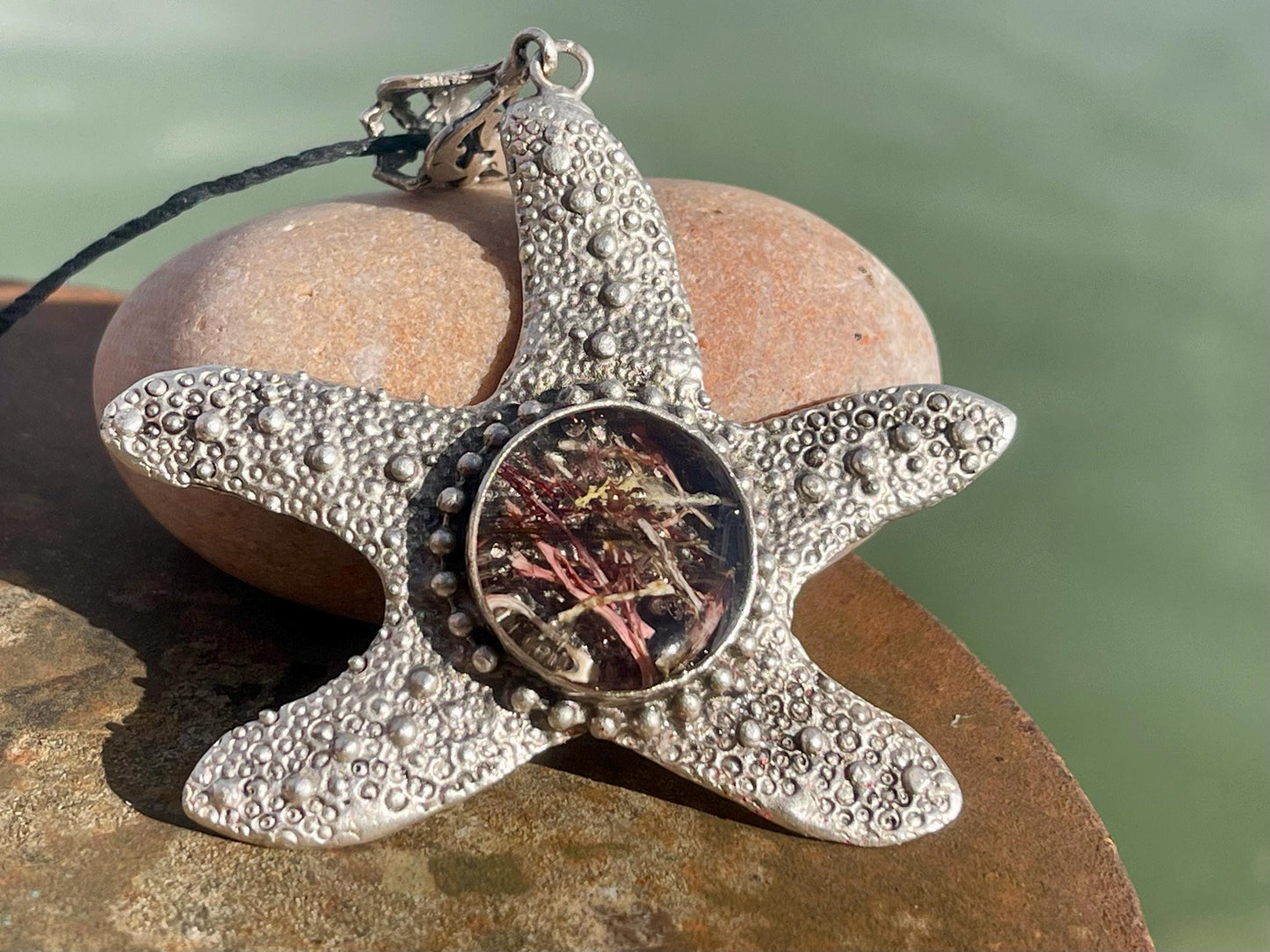 Starfish necklace incorporating real seaweed. Seaweed jewellery, starfish pendant, handmade necklace, boho jewellery. Starfish gifts.