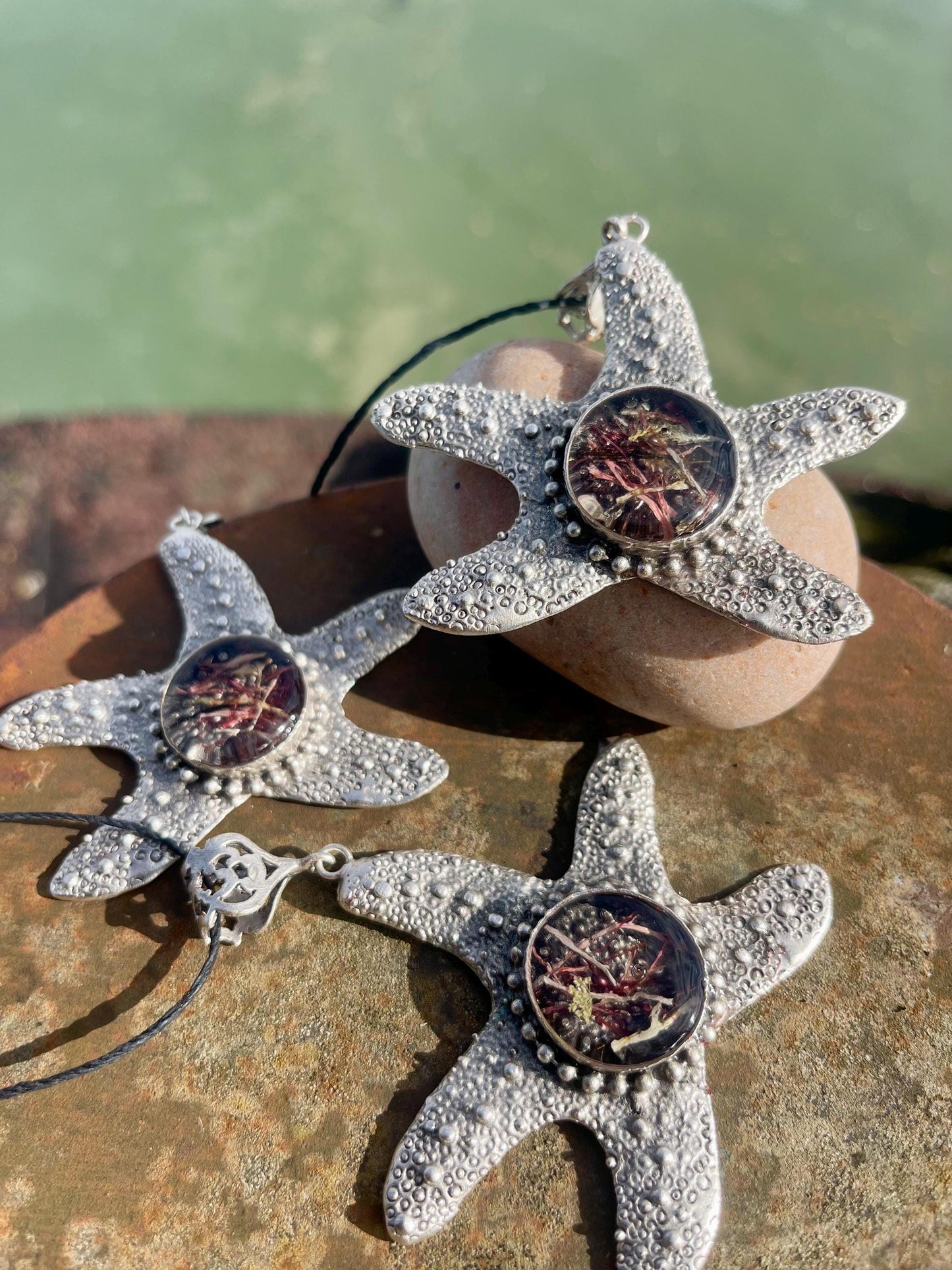 Starfish necklace incorporating real seaweed. Seaweed jewellery, starfish pendant, handmade necklace, boho jewellery. Starfish gifts.