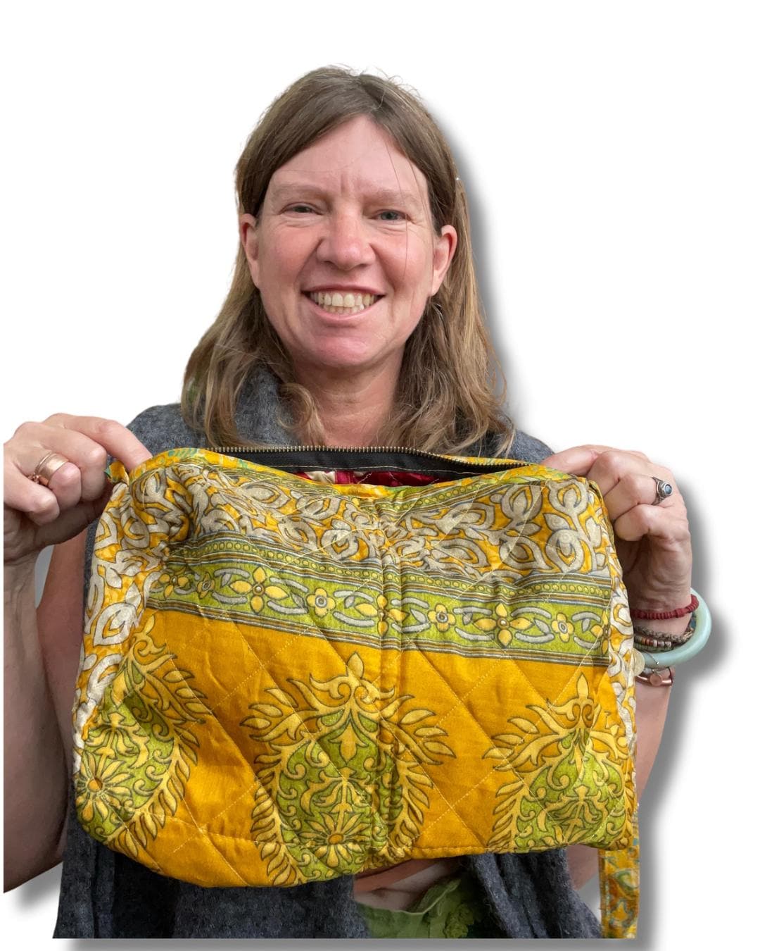 Large zip up recycled wash bag with 4 internal pockets. Wide range of colours. Made from recycled saris. Eco friendly wash bags.