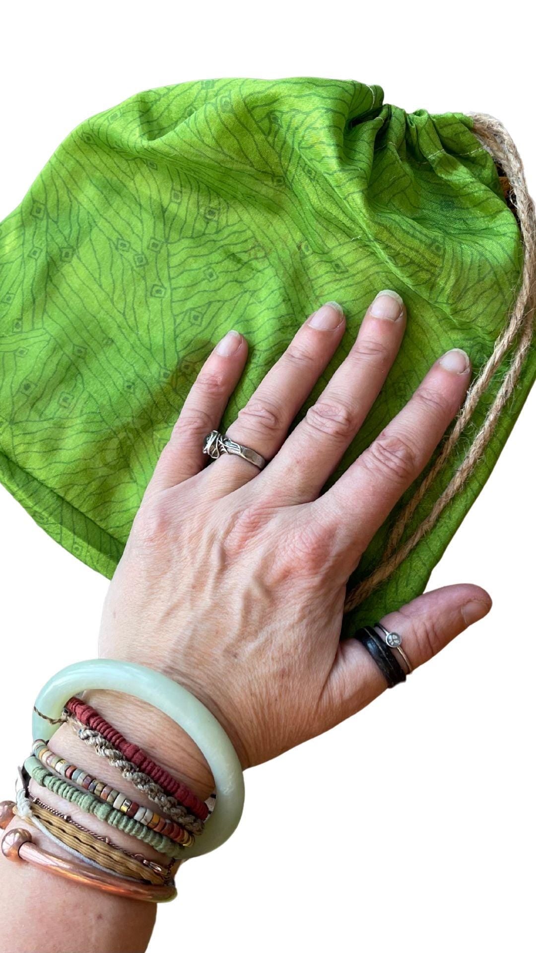 Small & medium recycled sari bags. Eco friendly wrapping option. Recycled bags for gifts. Recycled gift bags. Ethical draw string bags.