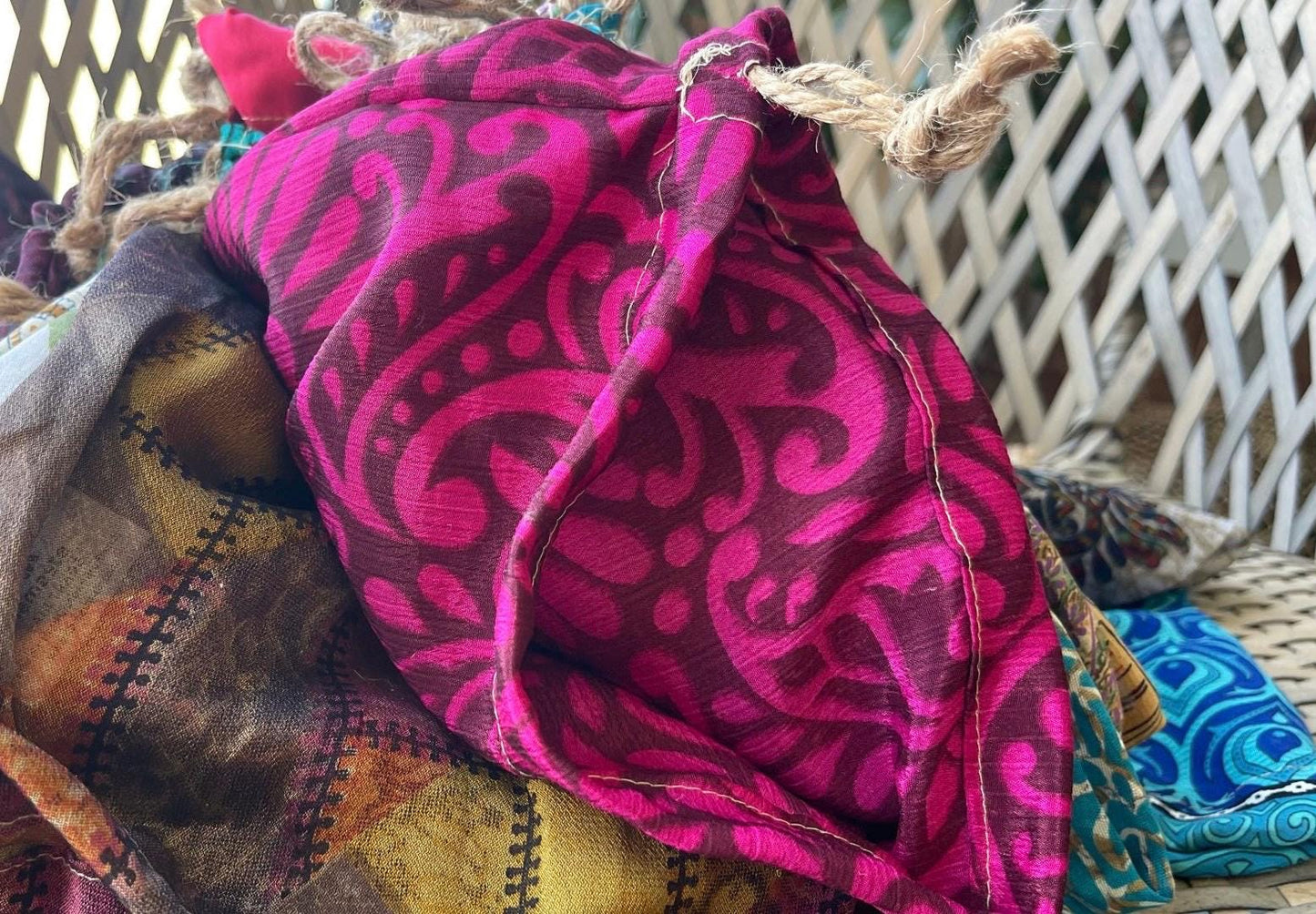 Small & medium recycled sari bags. Eco friendly wrapping option. Recycled bags for gifts. Recycled gift bags. Ethical draw string bags.