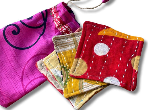 4 Recycled coasters. Eco friendly coasters made from vintage throws. Colourful home decor. Recycled cup matts. Washable and colourful