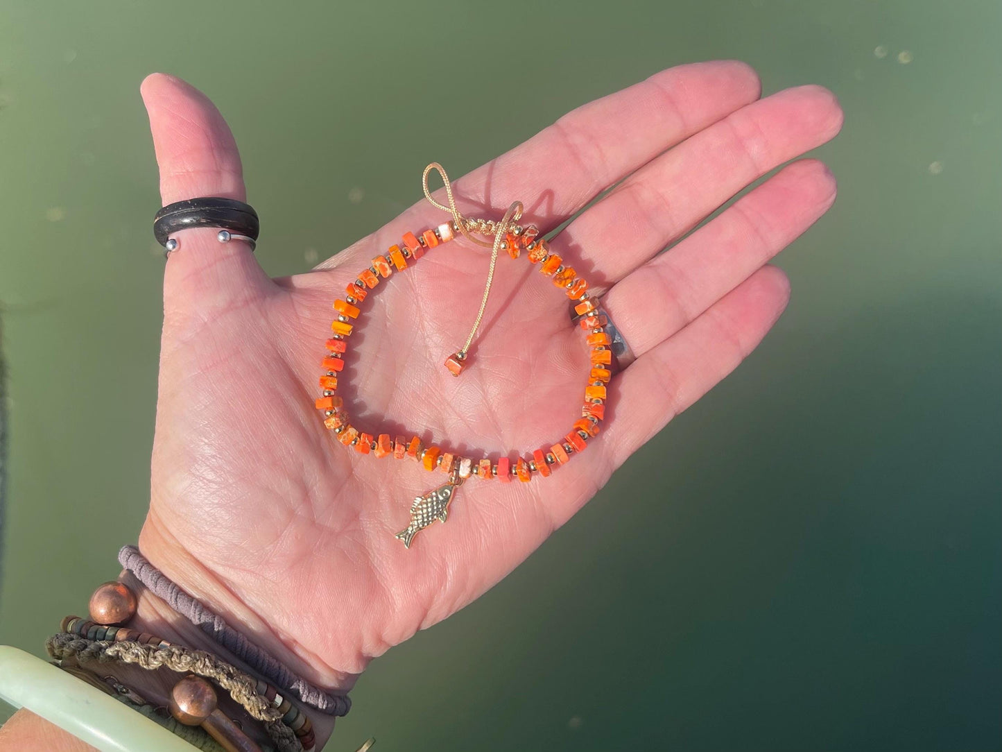 Adjustable Picasso jasper gemstone bracelet, handmade bracelet. Orange bracelet. Ethical jewellery, handmade unique jewellery.
