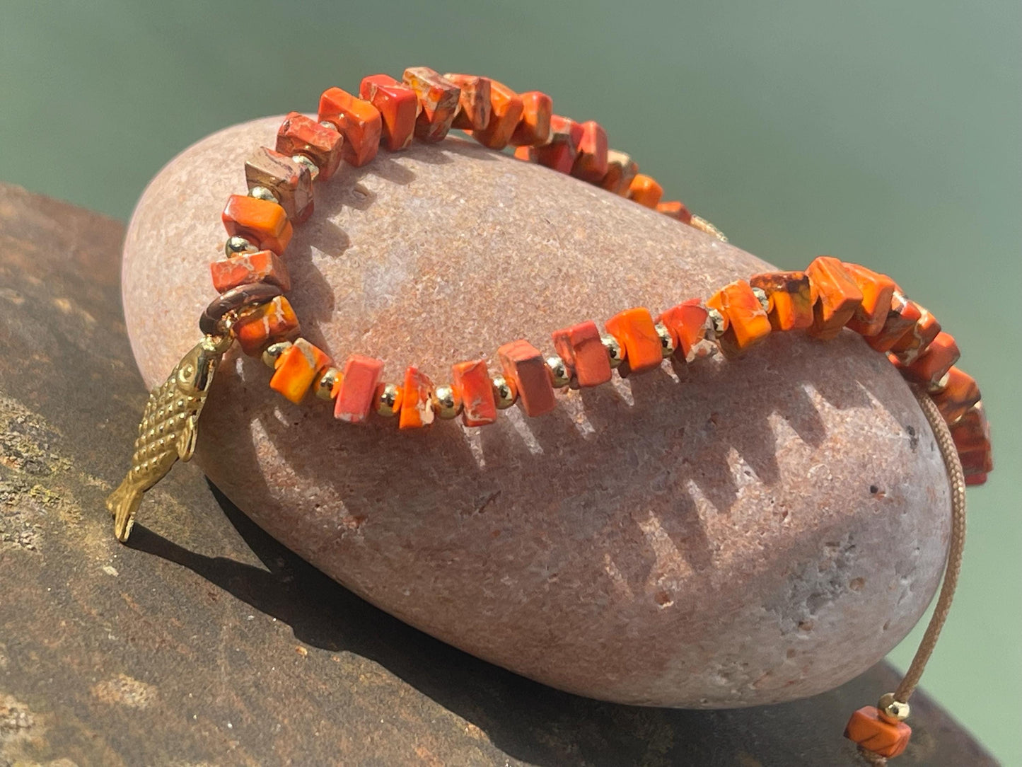 Adjustable Picasso jasper gemstone bracelet, handmade bracelet. Orange bracelet. Ethical jewellery, handmade unique jewellery.