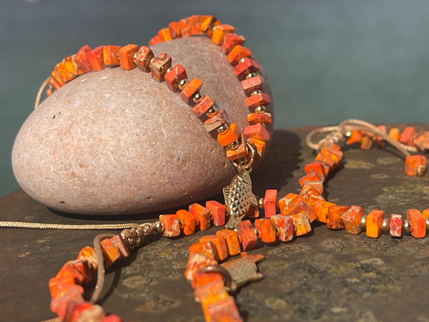 Adjustable Picasso jasper gemstone bracelet, handmade bracelet. Orange bracelet. Ethical jewellery, handmade unique jewellery.