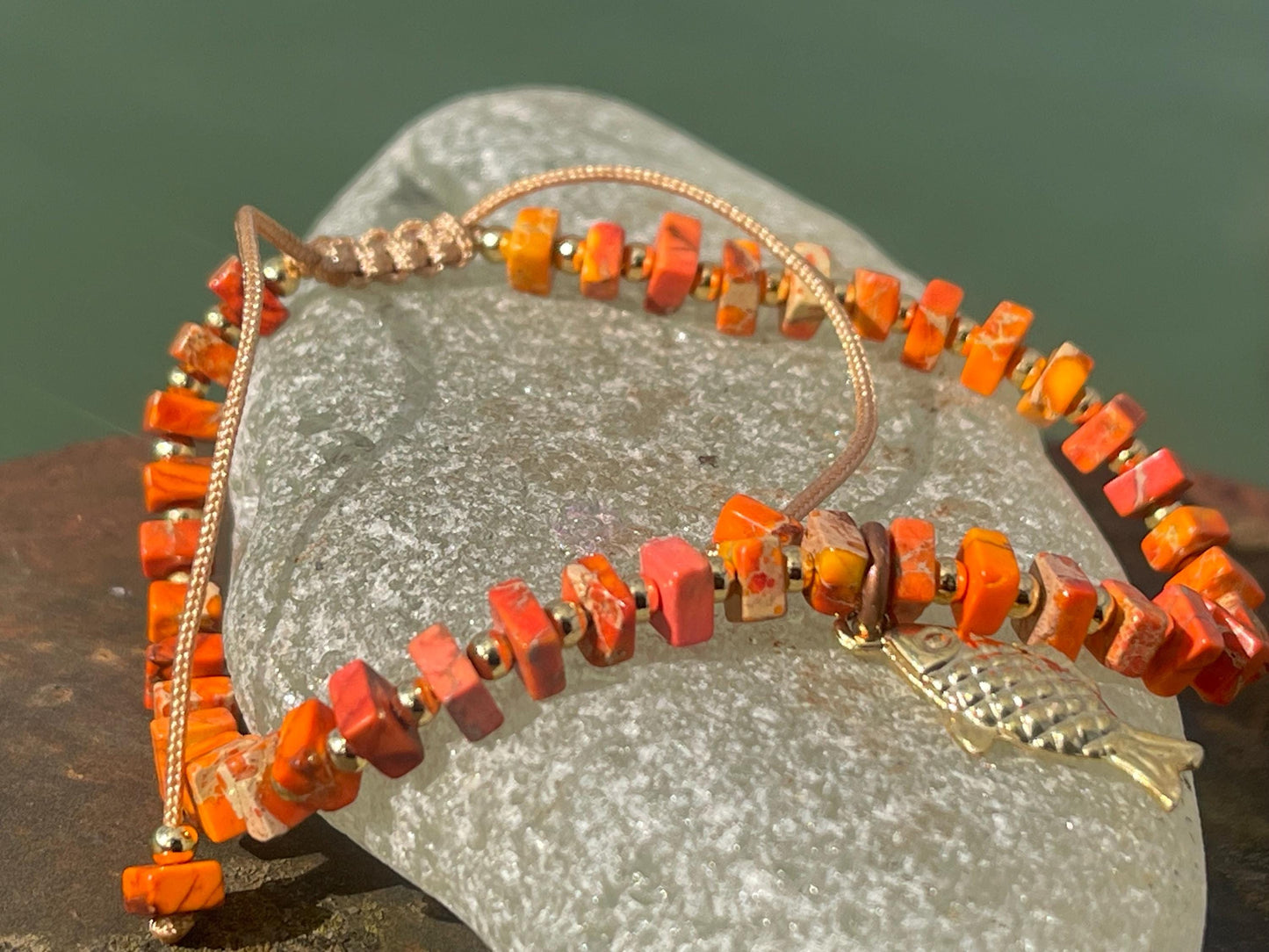 Adjustable Picasso jasper gemstone bracelet, handmade bracelet. Orange bracelet. Ethical jewellery, handmade unique jewellery.