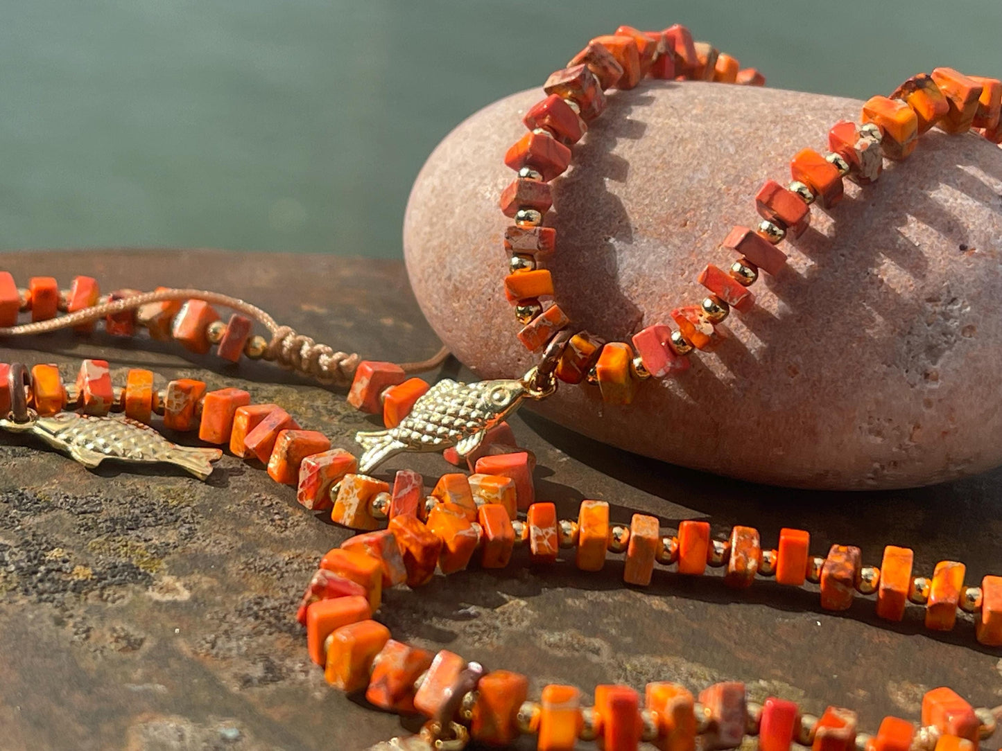 Adjustable Picasso jasper gemstone bracelet, handmade bracelet. Orange bracelet. Ethical jewellery, handmade unique jewellery.