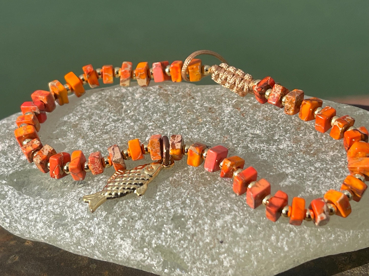 Adjustable Picasso jasper gemstone bracelet, handmade bracelet. Orange bracelet. Ethical jewellery, handmade unique jewellery.