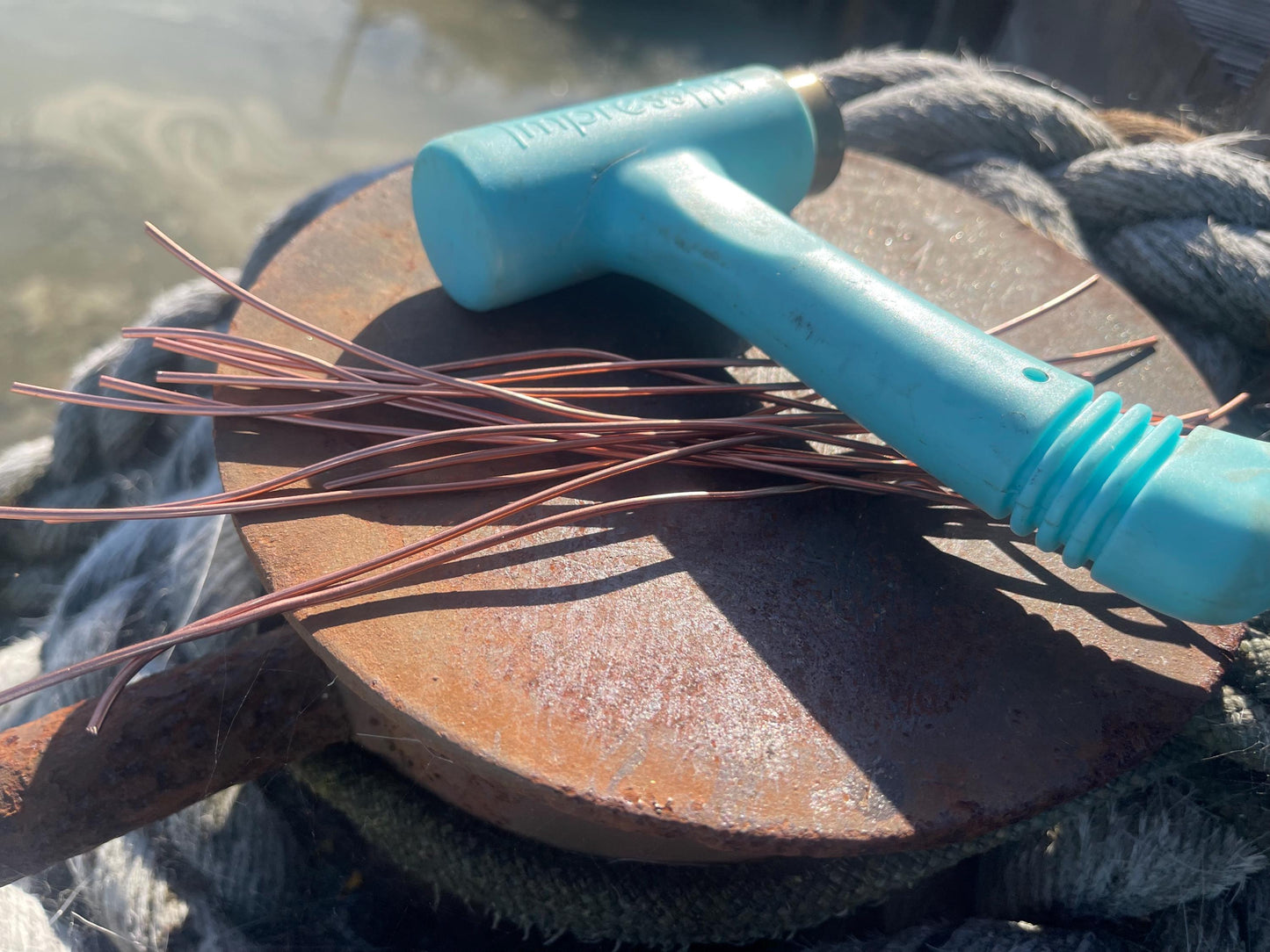 Eco friendly blue ceramic and recycled copper earrings. Unique earrings, ethical jewellery, unusual boho jewellery, eco friendly jewellery.