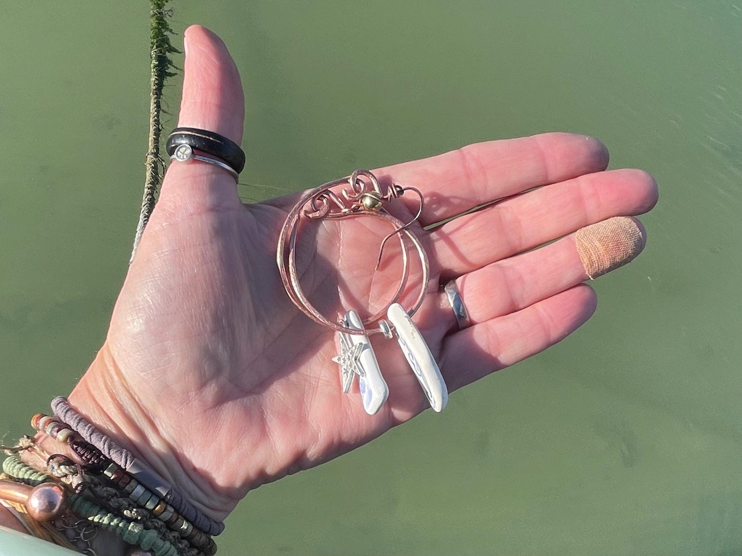 Eco friendly blue ceramic and recycled copper earrings. Unique earrings, ethical jewellery, unusual boho jewellery, eco friendly jewellery.