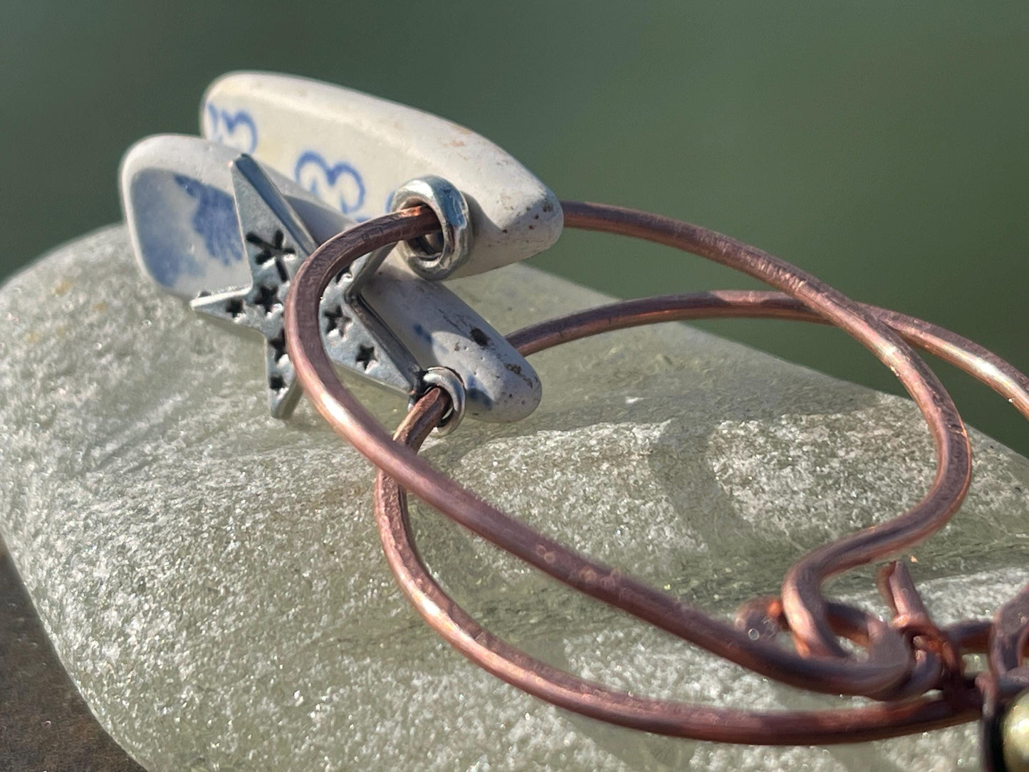 Eco friendly blue ceramic and recycled copper earrings. Unique earrings, ethical jewellery, unusual boho jewellery, eco friendly jewellery.