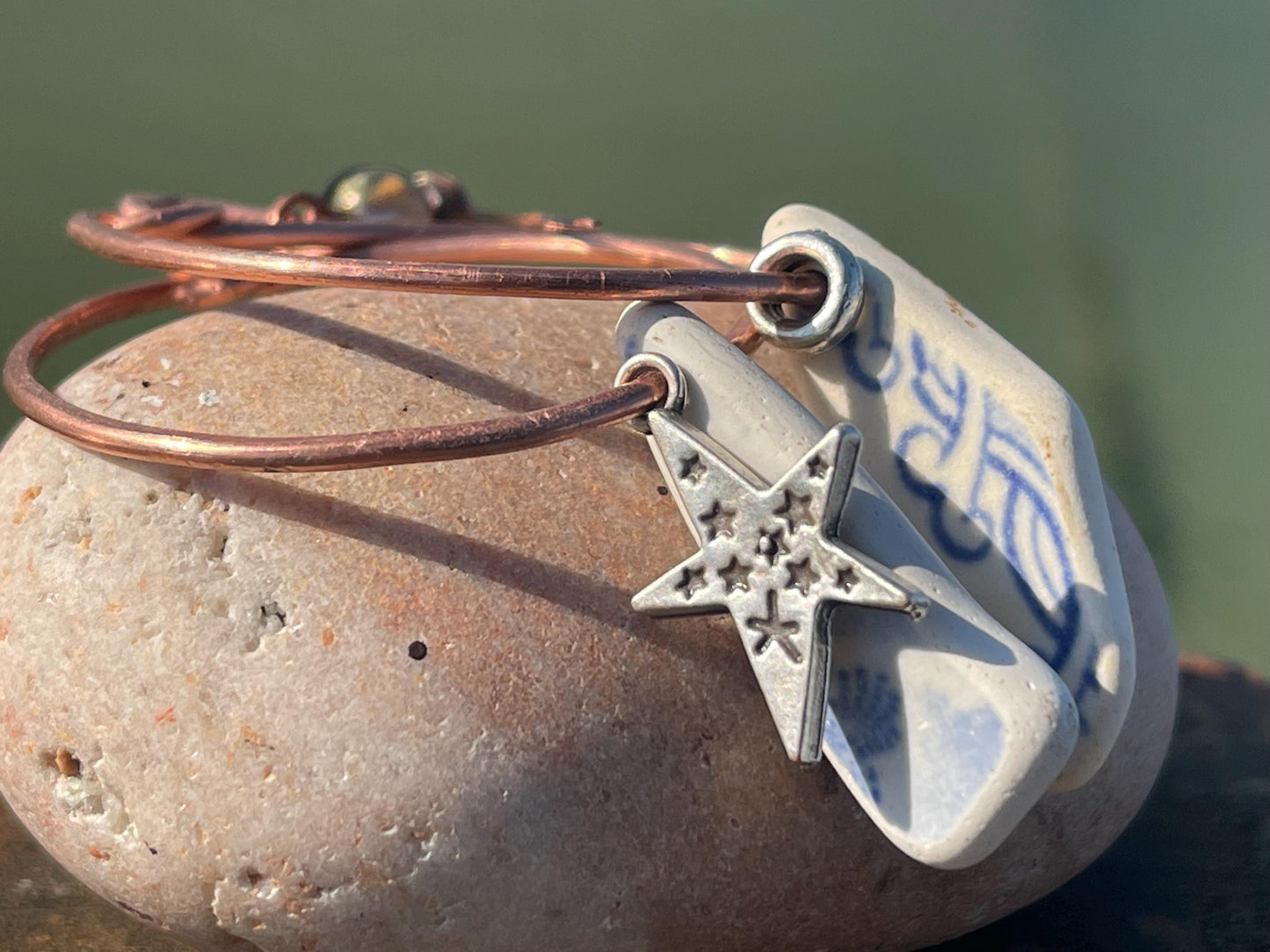 Eco friendly blue ceramic and recycled copper earrings. Unique earrings, ethical jewellery, unusual boho jewellery, eco friendly jewellery.