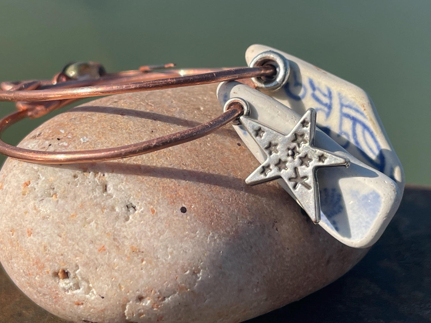 Eco friendly blue ceramic and recycled copper earrings. Unique earrings, ethical jewellery, unusual boho jewellery, eco friendly jewellery.