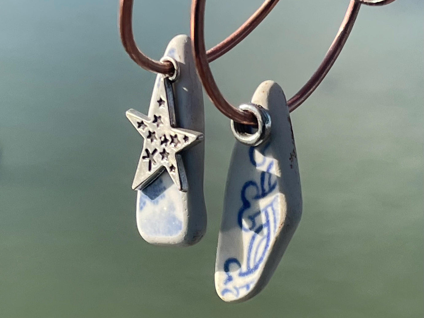 Eco friendly blue ceramic and recycled copper earrings. Unique earrings, ethical jewellery, unusual boho jewellery, eco friendly jewellery.