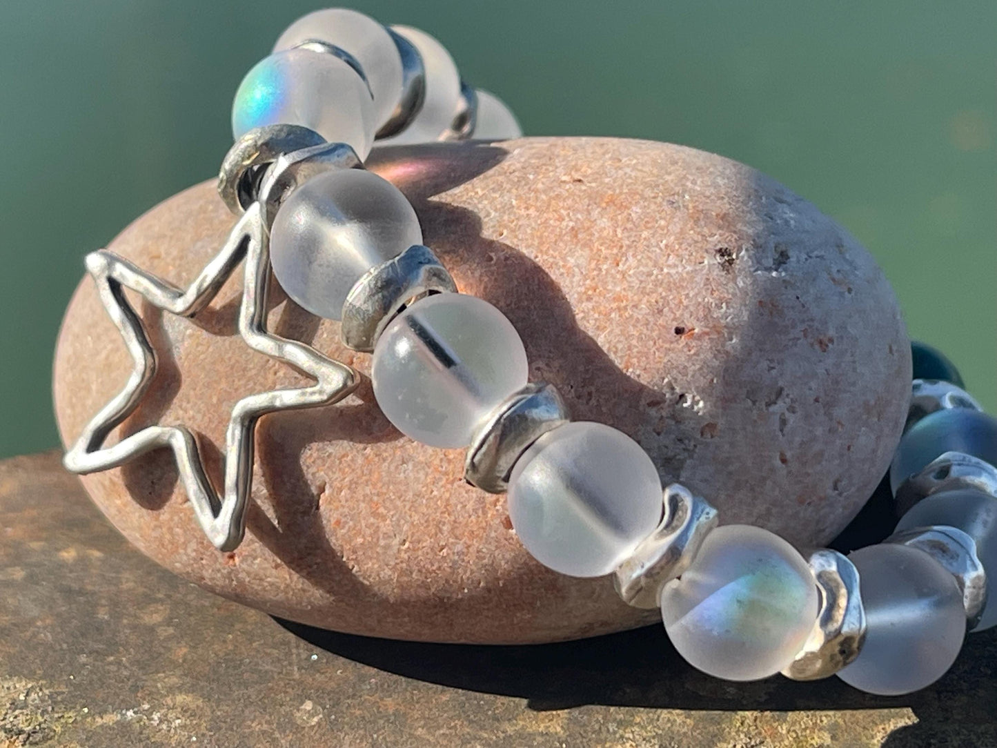 Rainbow bracelet, Christmas bracelet, beaded shimmery bracelet, star bracelet, handmade bracelet, glass bracelet, congratulations gift.