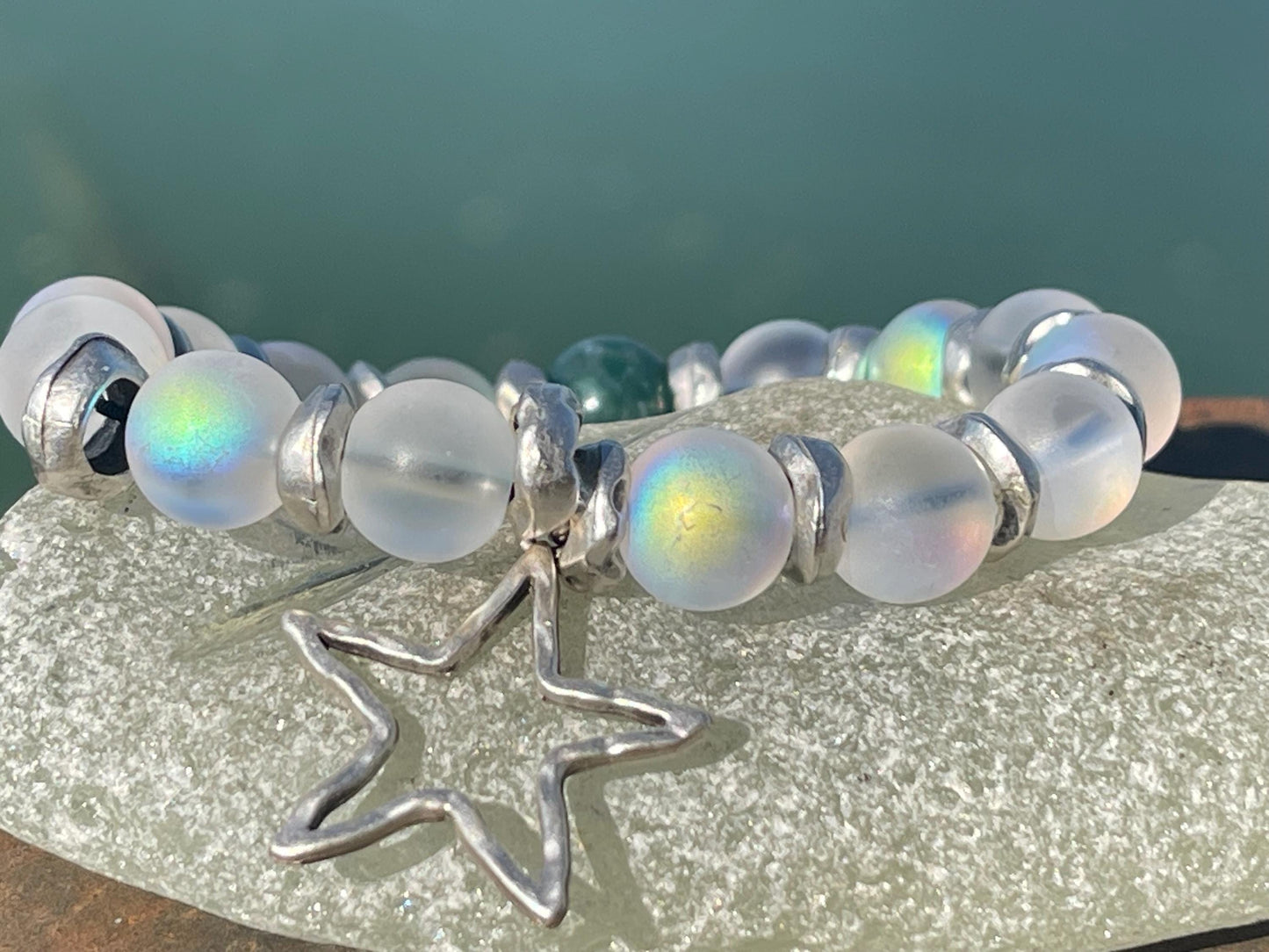 Rainbow bracelet, Christmas bracelet, beaded shimmery bracelet, star bracelet, handmade bracelet, glass bracelet, congratulations gift.