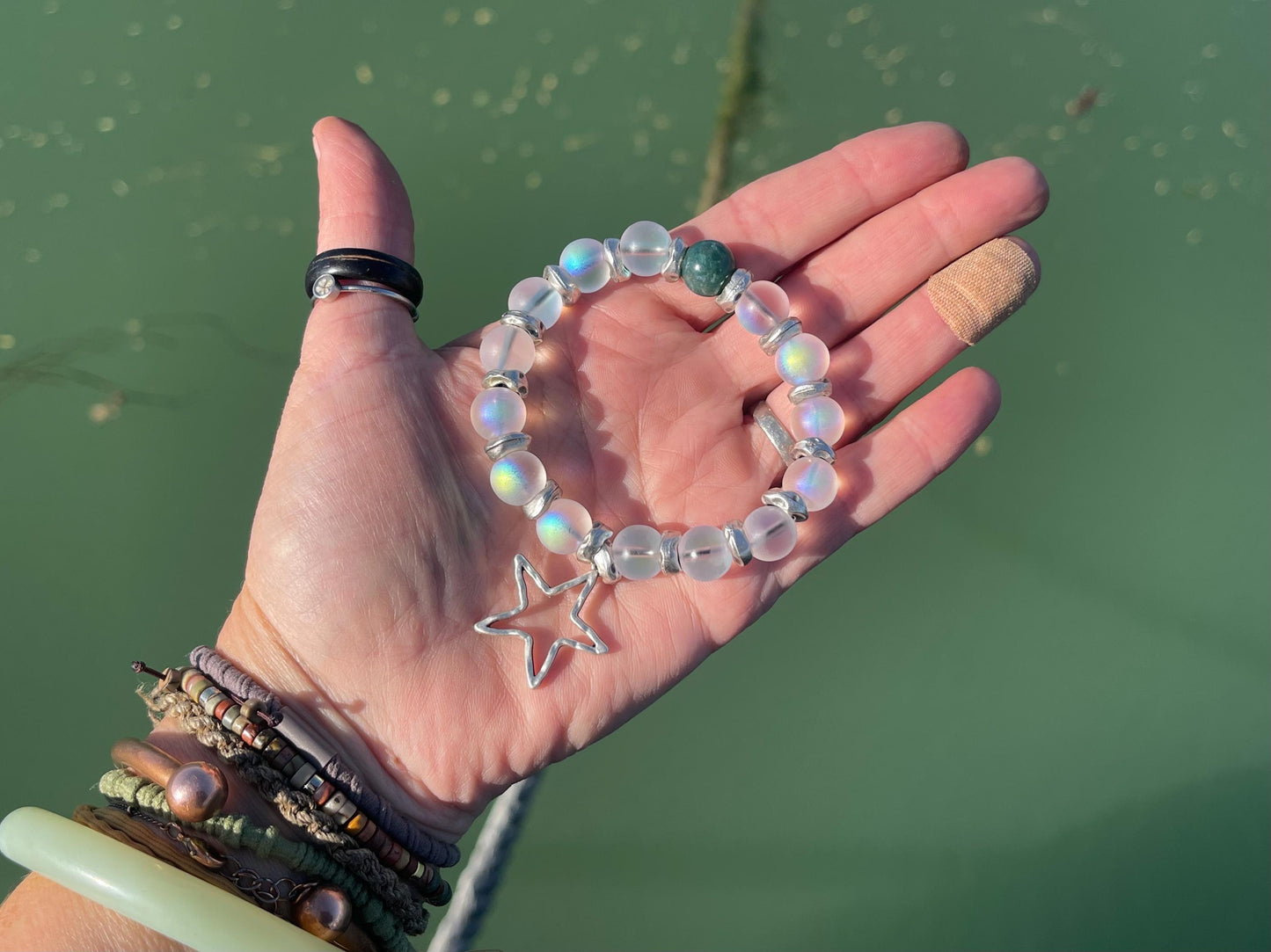 Rainbow bracelet, Christmas bracelet, beaded shimmery bracelet, star bracelet, handmade bracelet, glass bracelet, congratulations gift.