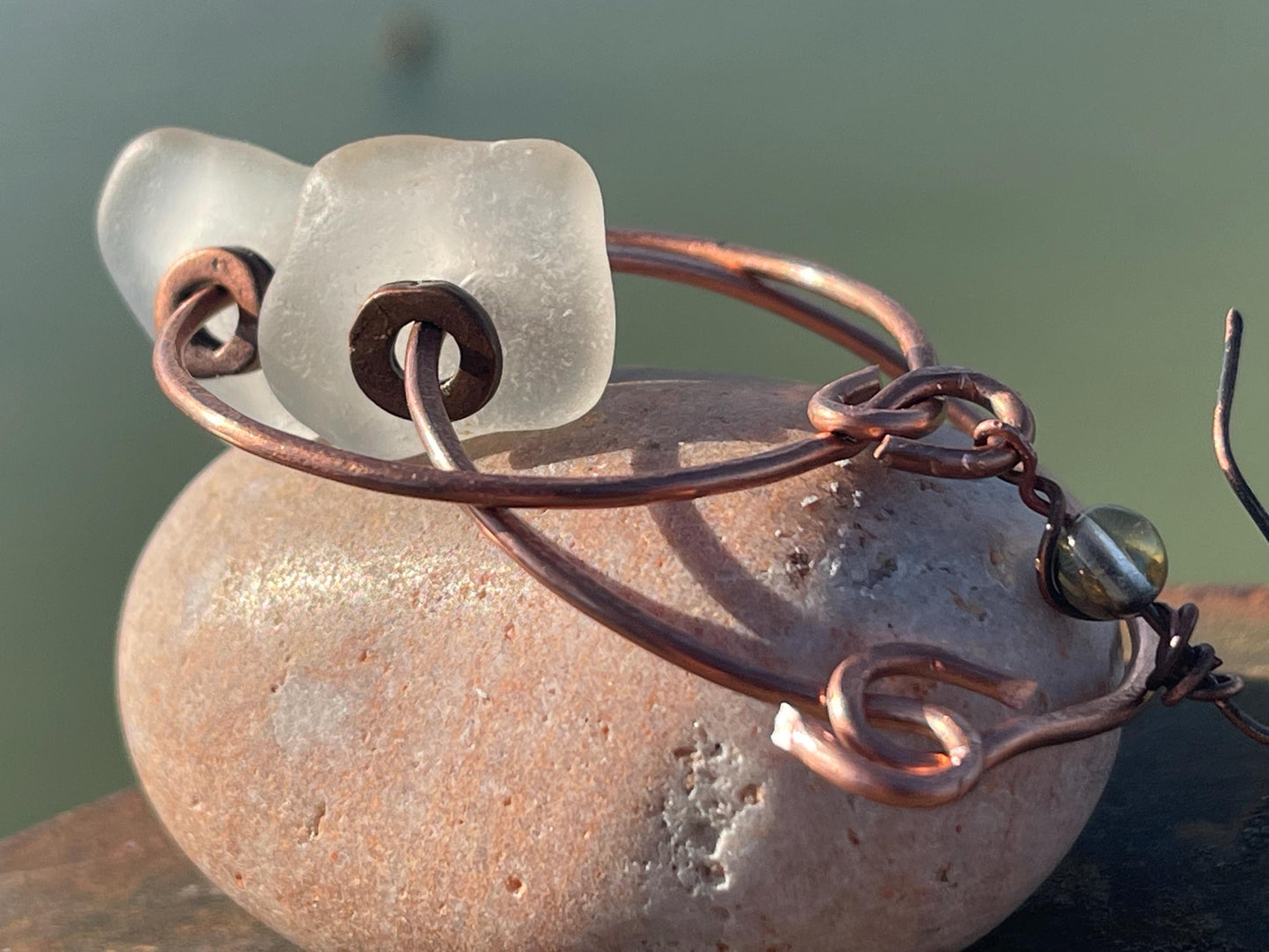 Eco friendly glass hoops on recycled copper.. Unique earrings, ethical jewellery, unusual boho jewellery, eco friendly jewellery. Eco gifts.