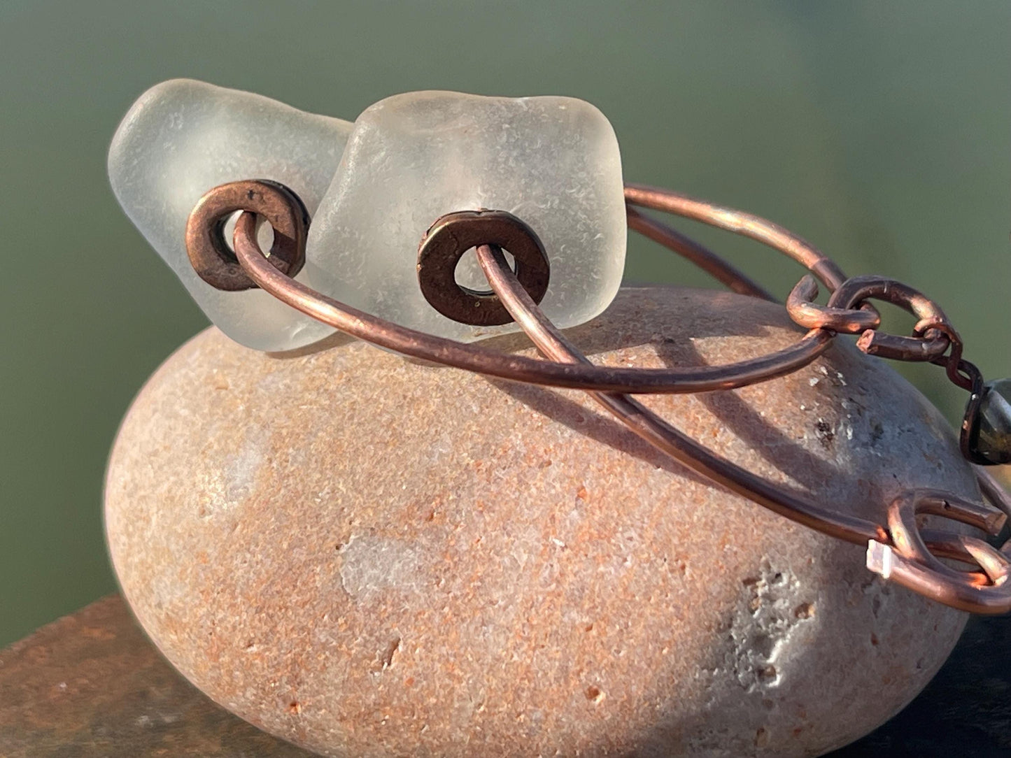 Eco friendly glass hoops on recycled copper.. Unique earrings, ethical jewellery, unusual boho jewellery, eco friendly jewellery. Eco gifts.