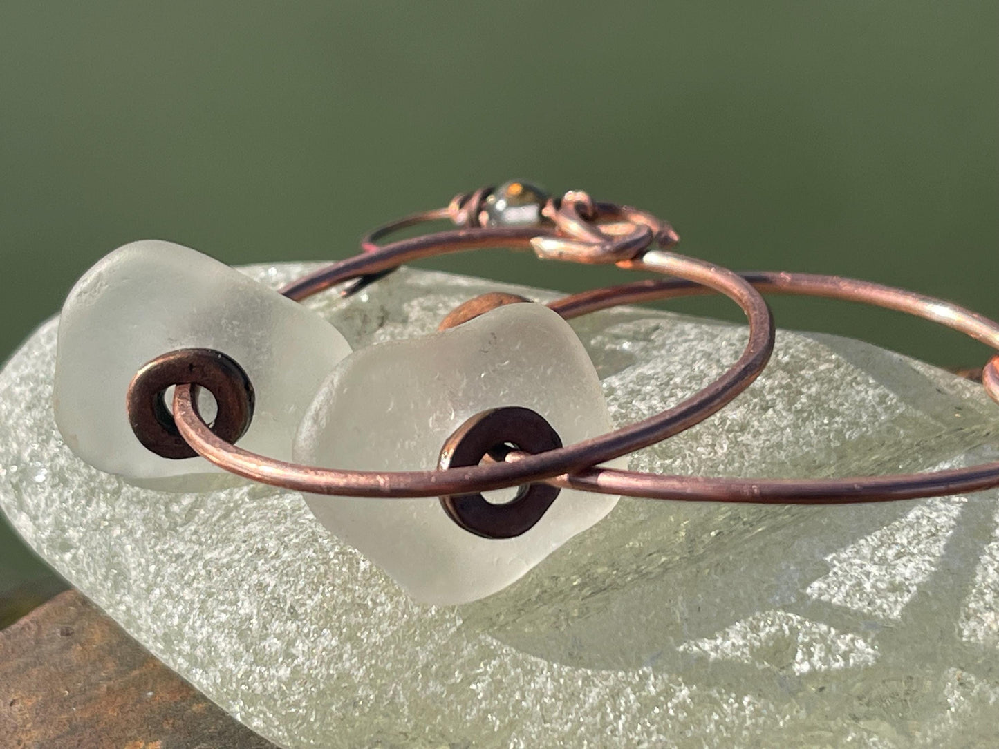 Eco friendly glass hoops on recycled copper.. Unique earrings, ethical jewellery, unusual boho jewellery, eco friendly jewellery. Eco gifts.