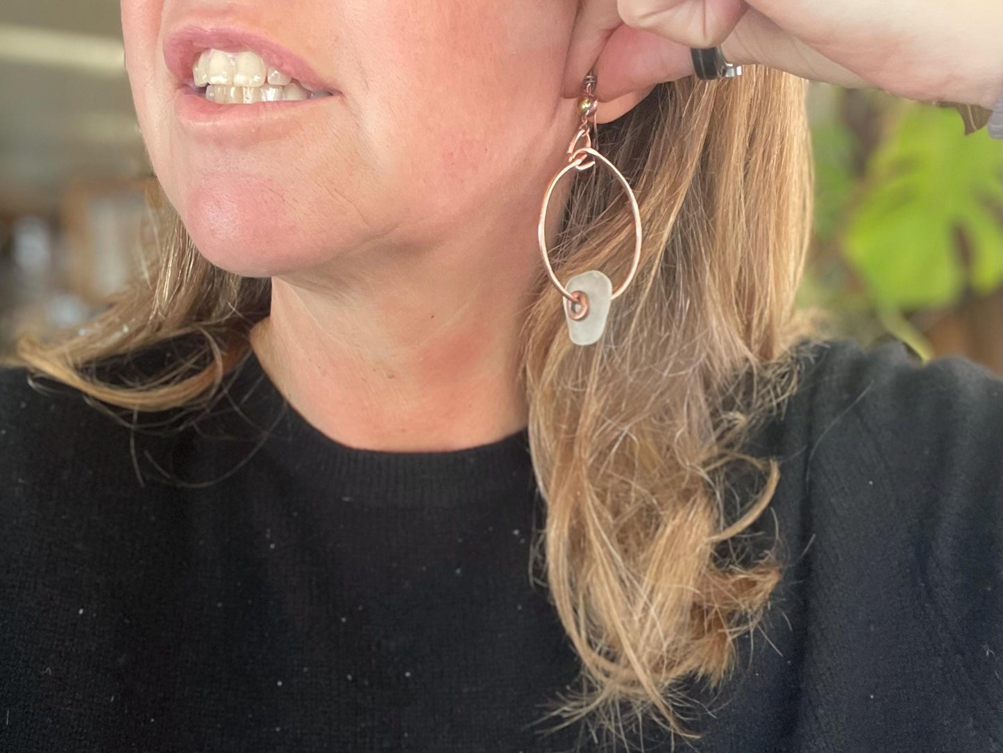 Eco friendly glass hoops on recycled copper.. Unique earrings, ethical jewellery, unusual boho jewellery, eco friendly jewellery. Eco gifts.