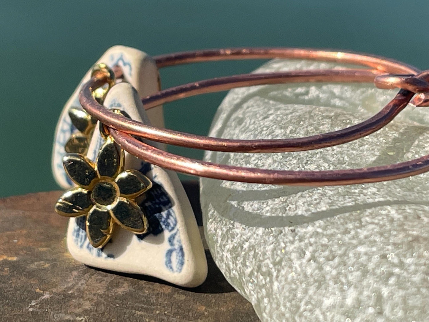 Eco friendly blue ceramic and recycled copper earrings. Unique earrings, ethical jewellery, unusual boho jewellery, eco friendly jewellery.
