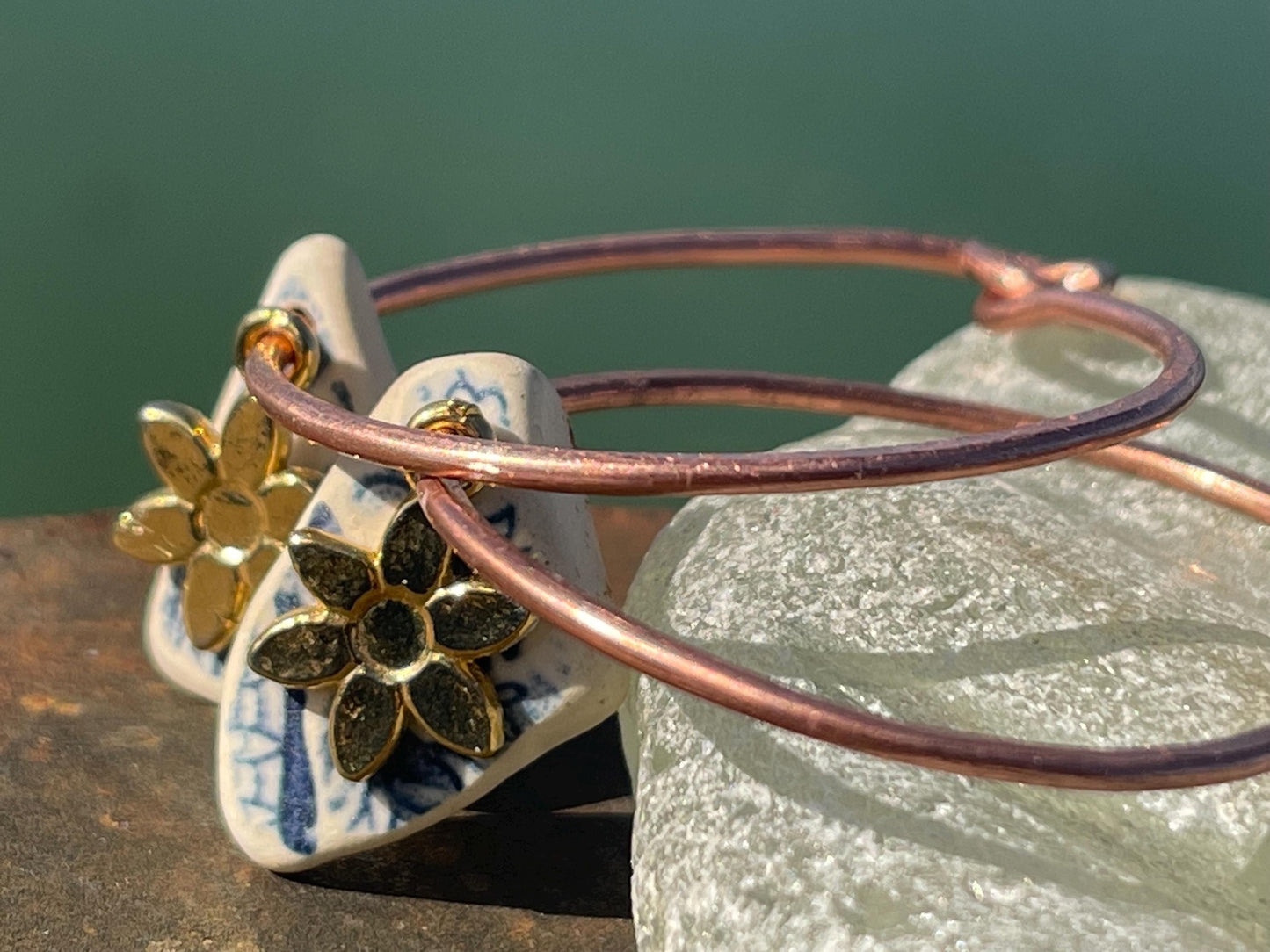 Eco friendly blue ceramic and recycled copper earrings. Unique earrings, ethical jewellery, unusual boho jewellery, eco friendly jewellery.