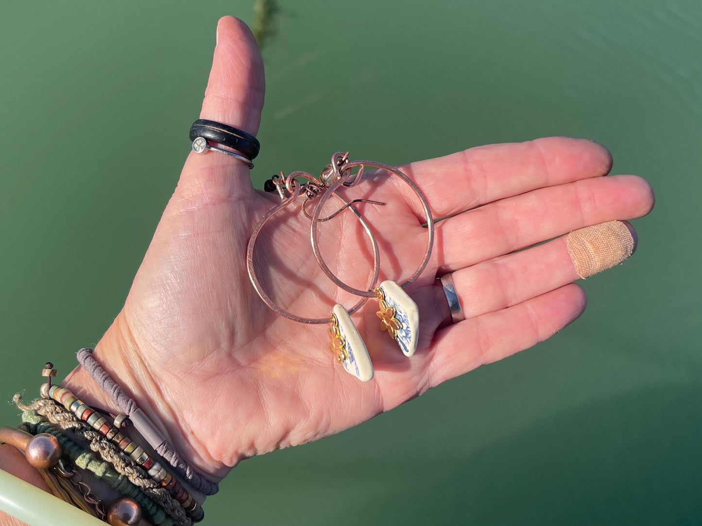Eco friendly blue ceramic and recycled copper earrings. Unique earrings, ethical jewellery, unusual boho jewellery, eco friendly jewellery.