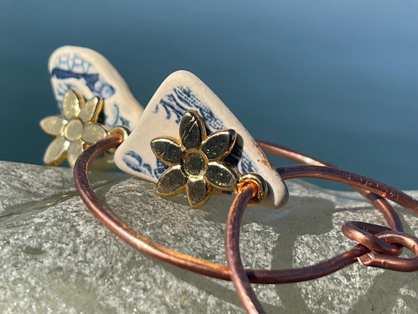 Eco friendly blue ceramic and recycled copper earrings. Unique earrings, ethical jewellery, unusual boho jewellery, eco friendly jewellery.