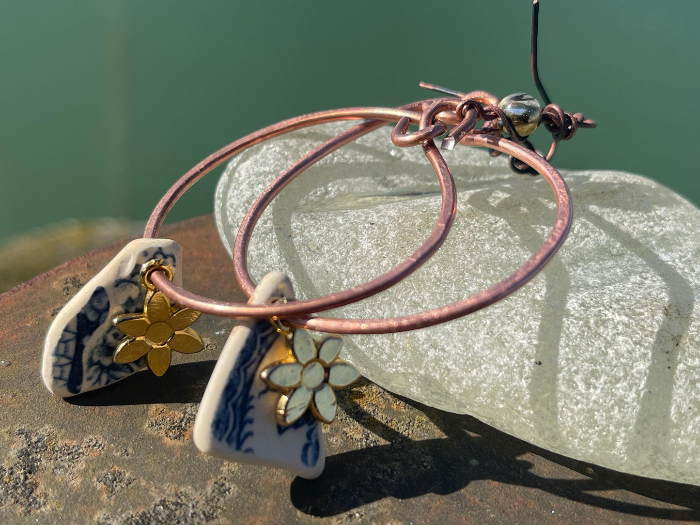 Eco friendly blue ceramic and recycled copper earrings. Unique earrings, ethical jewellery, unusual boho jewellery, eco friendly jewellery.