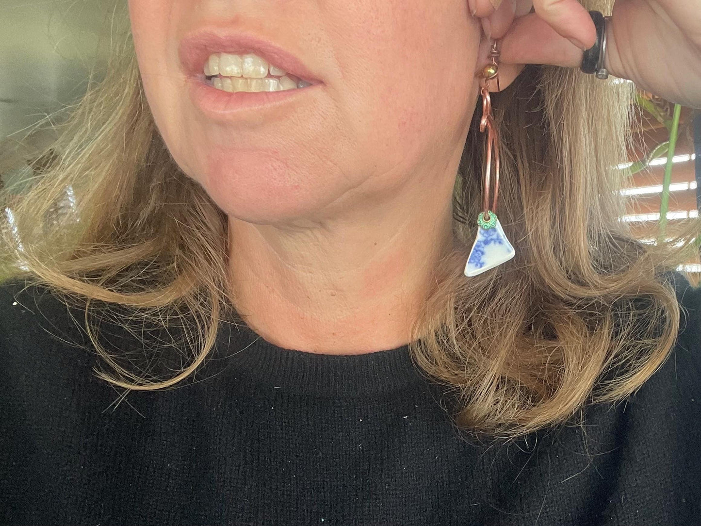 Eco friendly blue ceramic and recycled copper earrings. Unique earrings, ethical jewellery, unusual boho jewellery, eco friendly jewellery.