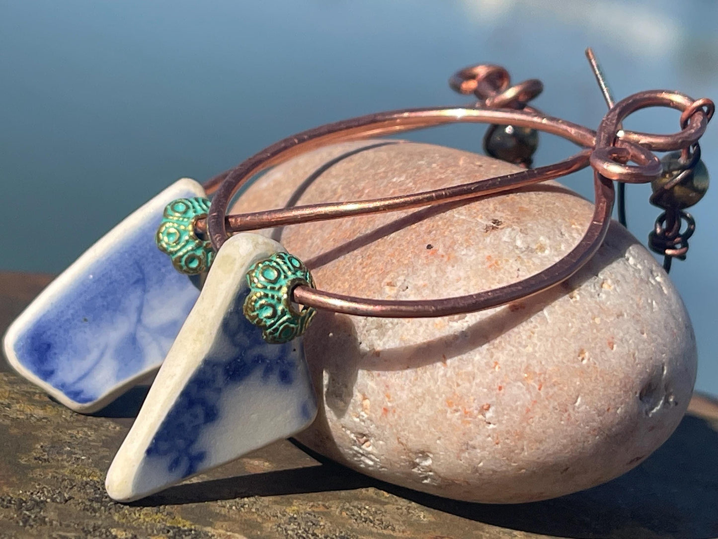 Eco friendly blue ceramic and recycled copper earrings. Unique earrings, ethical jewellery, unusual boho jewellery, eco friendly jewellery.