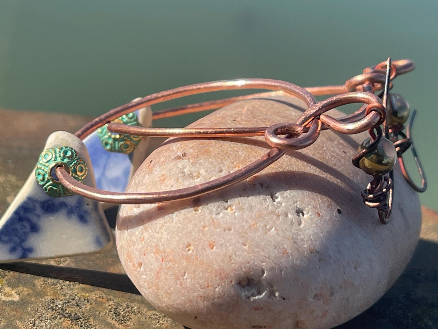 Eco friendly blue ceramic and recycled copper earrings. Unique earrings, ethical jewellery, unusual boho jewellery, eco friendly jewellery.