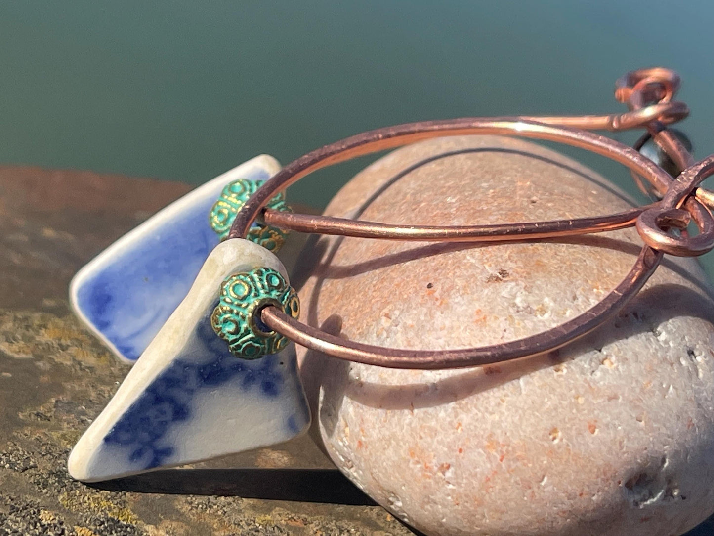 Eco friendly blue ceramic and recycled copper earrings. Unique earrings, ethical jewellery, unusual boho jewellery, eco friendly jewellery.