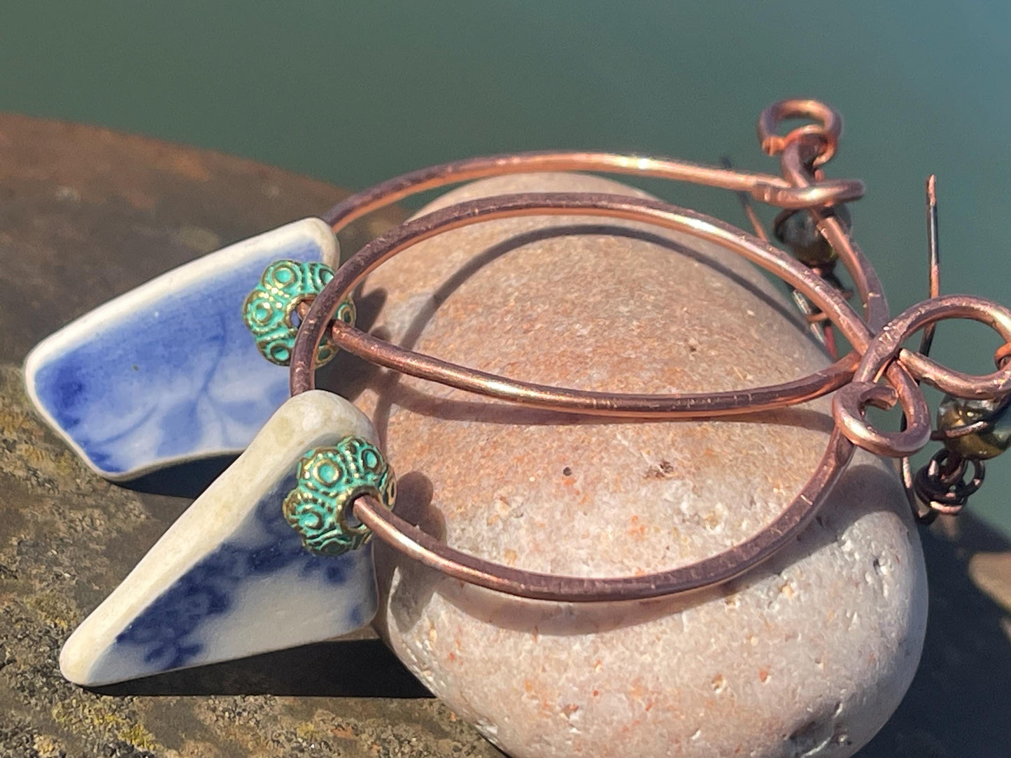 Eco friendly blue ceramic and recycled copper earrings. Unique earrings, ethical jewellery, unusual boho jewellery, eco friendly jewellery.
