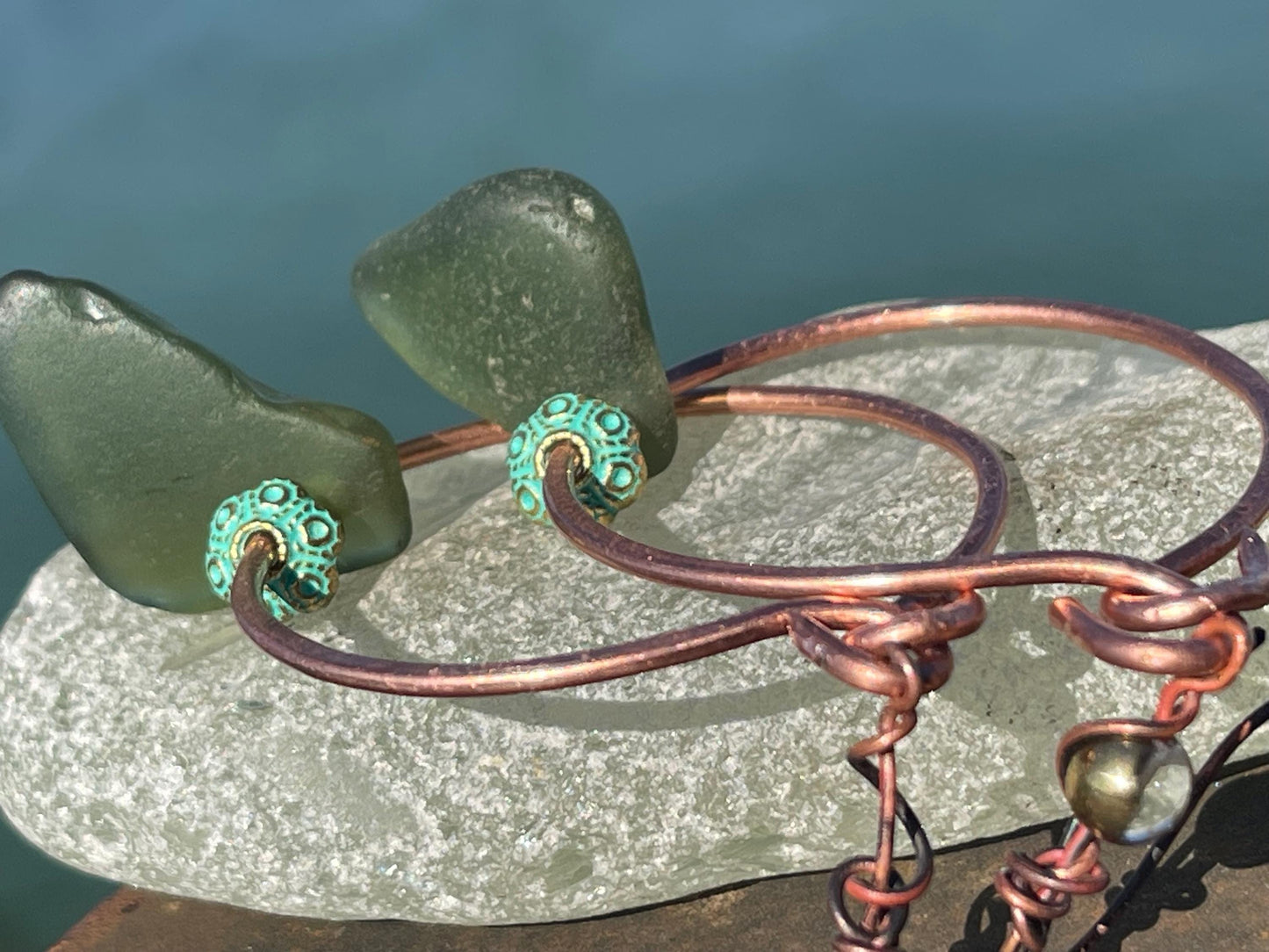 Eco friendly glass hoops on recycled copper.. Unique earrings, ethical jewellery, unusual boho jewellery, eco friendly jewellery. Eco gifts.