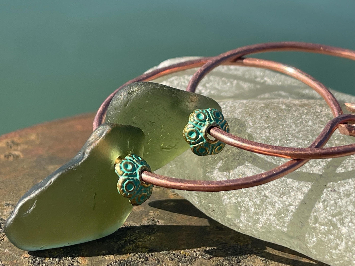 Eco friendly glass hoops on recycled copper.. Unique earrings, ethical jewellery, unusual boho jewellery, eco friendly jewellery. Eco gifts.