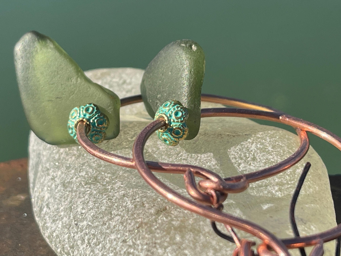 Eco friendly glass hoops on recycled copper.. Unique earrings, ethical jewellery, unusual boho jewellery, eco friendly jewellery. Eco gifts.