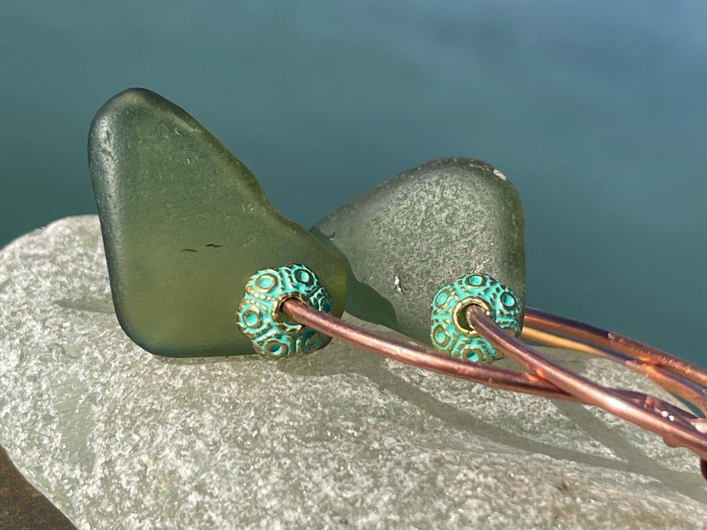 Eco friendly glass hoops on recycled copper.. Unique earrings, ethical jewellery, unusual boho jewellery, eco friendly jewellery. Eco gifts.