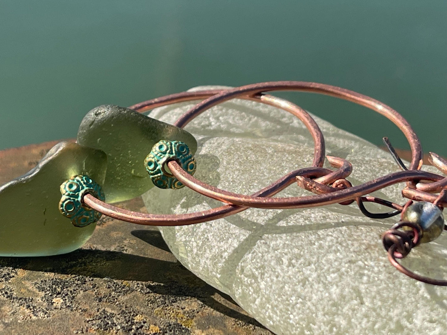 Eco friendly glass hoops on recycled copper.. Unique earrings, ethical jewellery, unusual boho jewellery, eco friendly jewellery. Eco gifts.