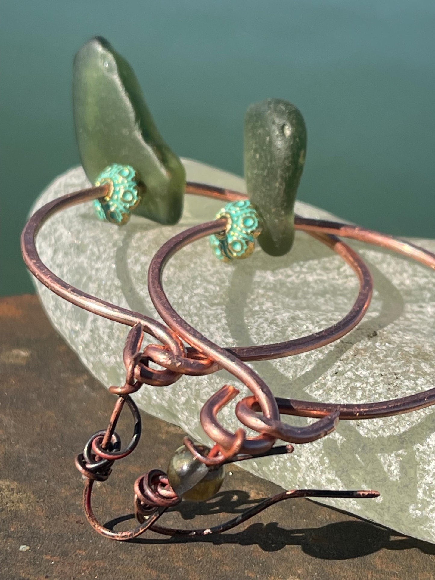 Eco friendly glass hoops on recycled copper.. Unique earrings, ethical jewellery, unusual boho jewellery, eco friendly jewellery. Eco gifts.