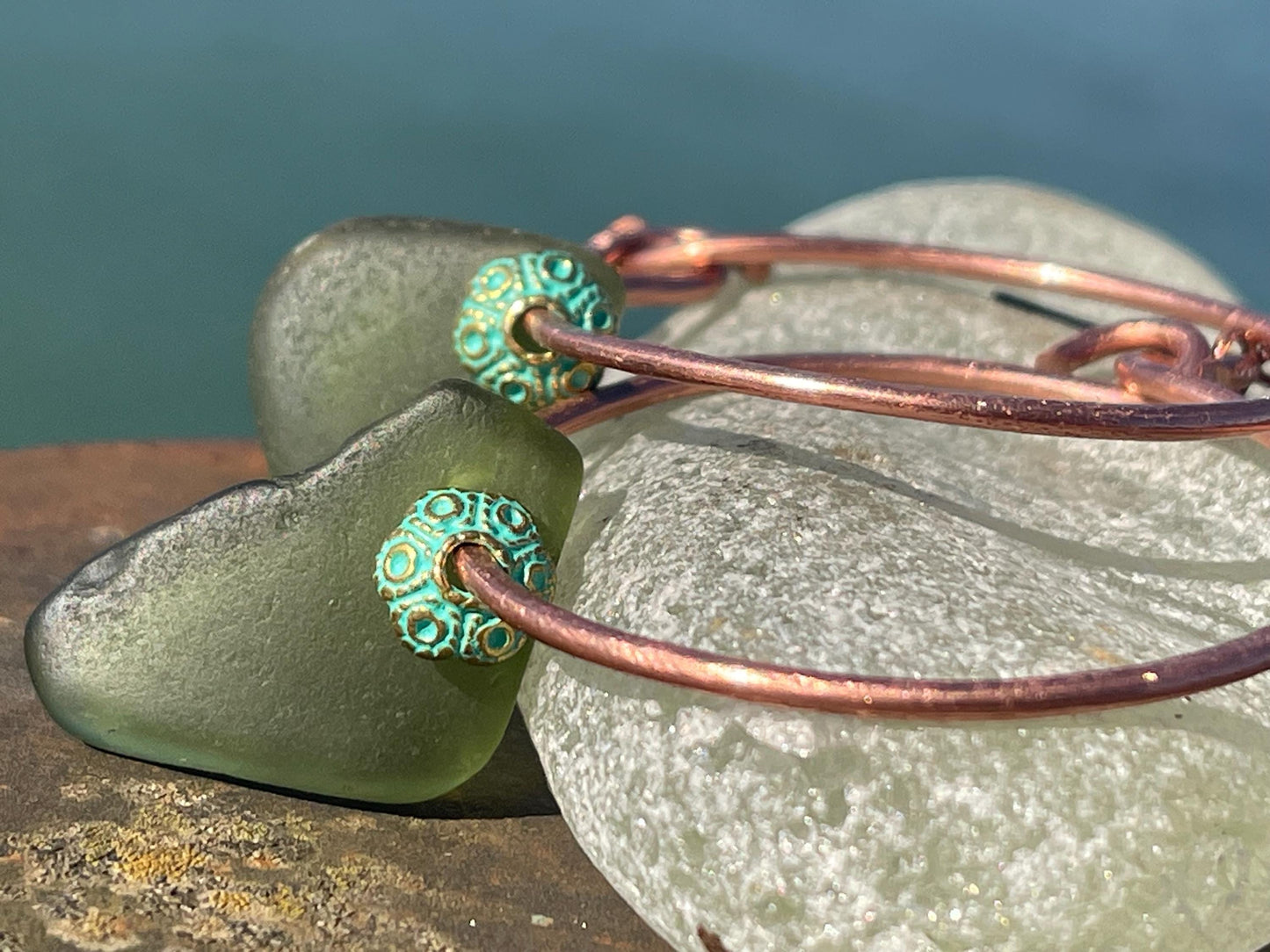 Eco friendly glass hoops on recycled copper.. Unique earrings, ethical jewellery, unusual boho jewellery, eco friendly jewellery. Eco gifts.