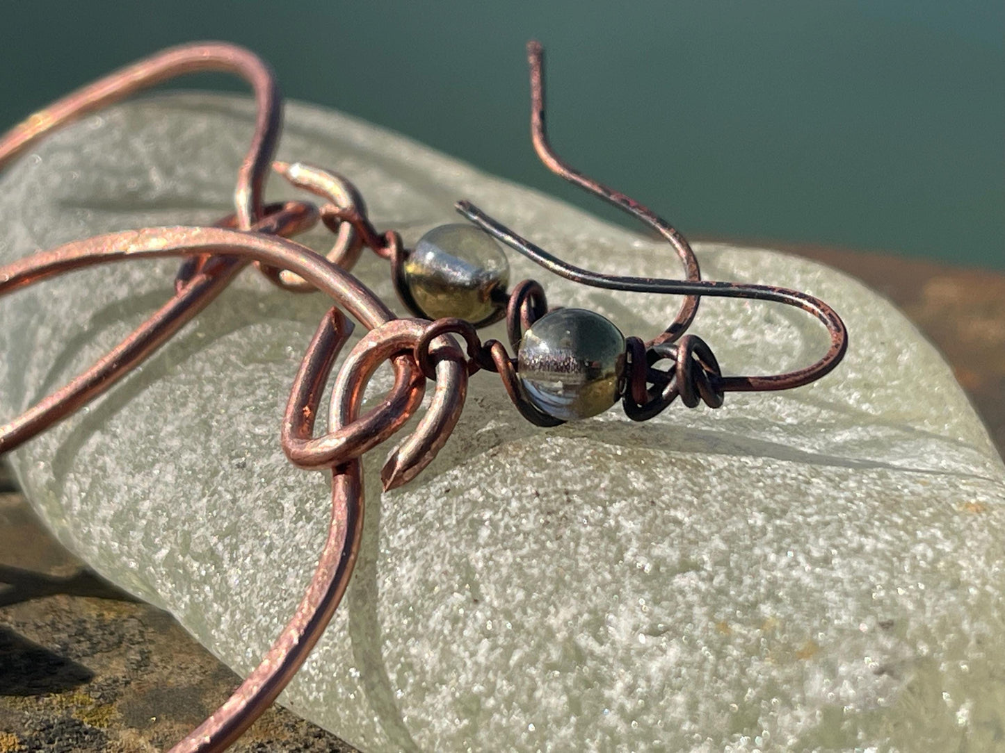 Eco friendly glass hoops on recycled copper.. Unique earrings, ethical jewellery, unusual boho jewellery, eco friendly jewellery. Eco gifts.