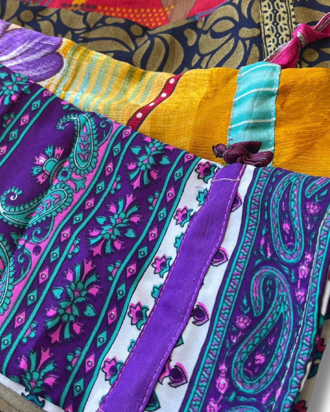 4 recycled sari bottle bags. Eco friendly bottle bags. Recycled bags for gifts. Recycled gift bags. Ethical draw string bags. Wine bags.