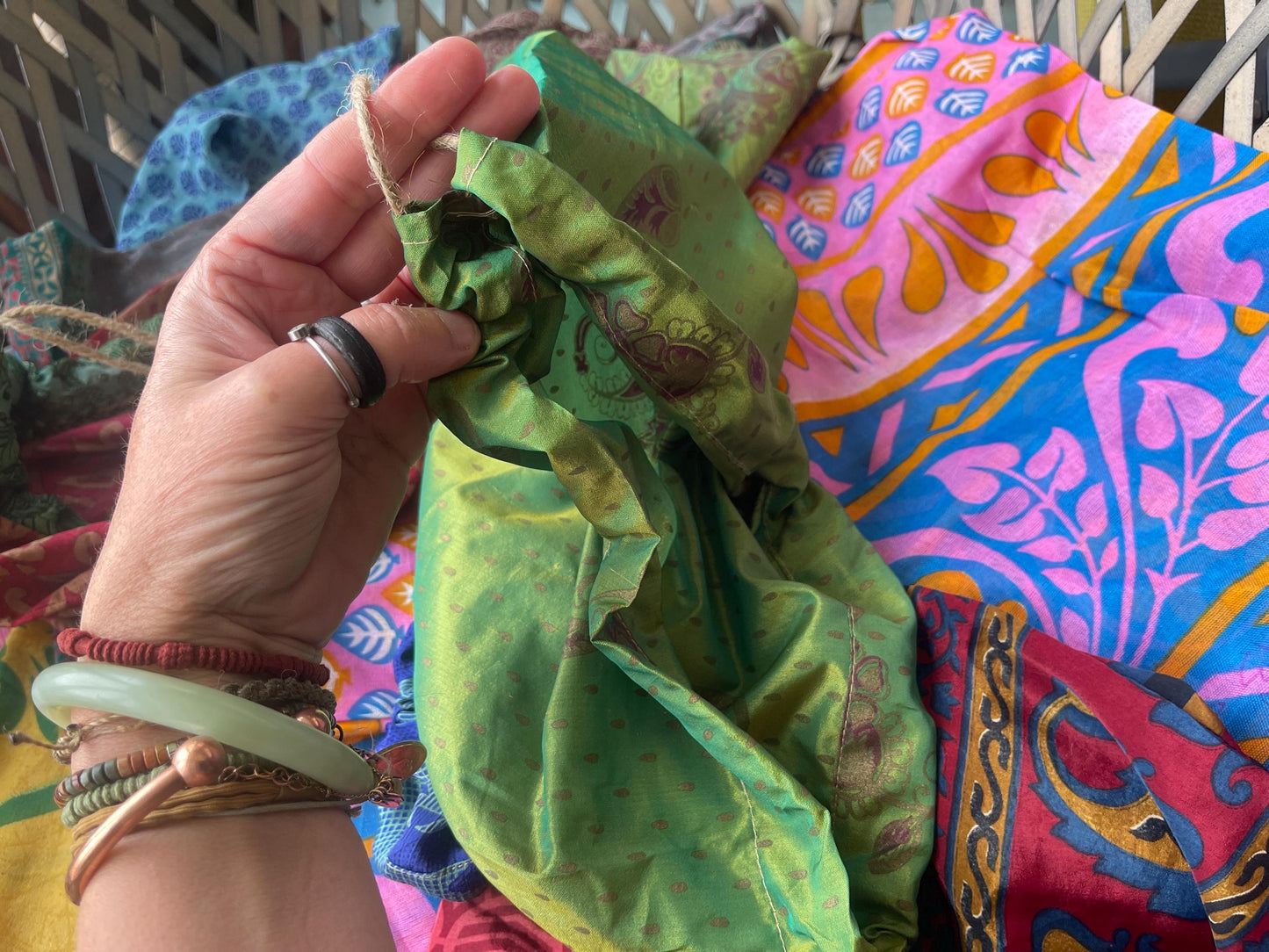 Large recycled sari bags. Alternative eco friendly wrapping option. Recycled bags for gifts. Recycled gift bags. Ethical draw string bags.