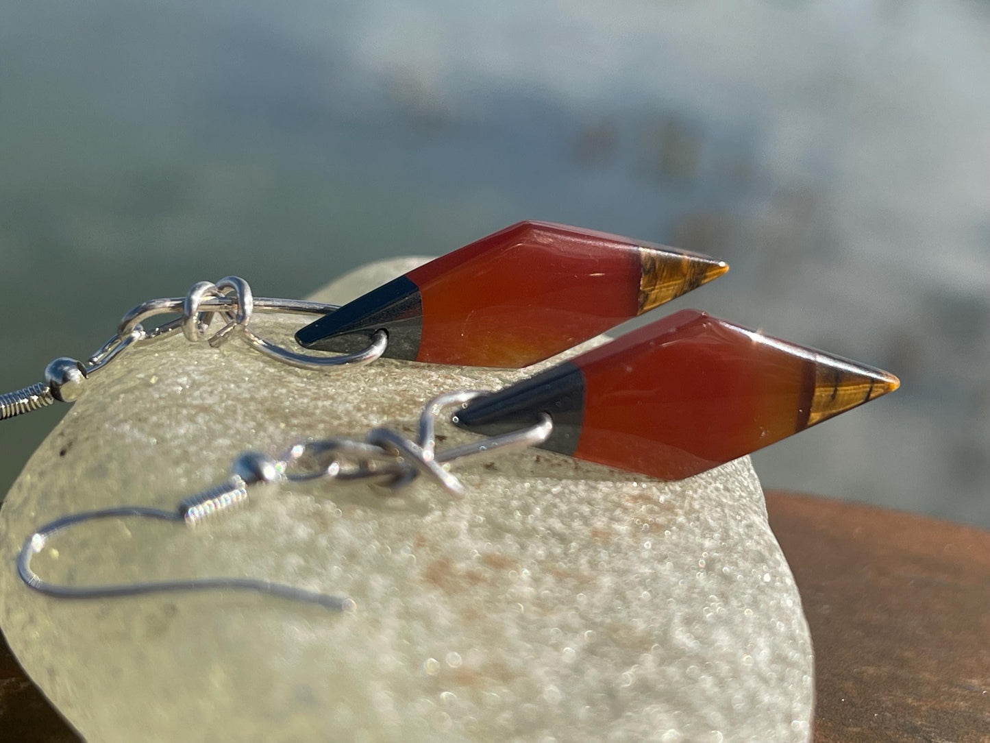 Stunning carnelian and onyx earrings on recycled sterling silver. Ethical jewellery, eco friendly jewellery, boho earrings, unique earrings.